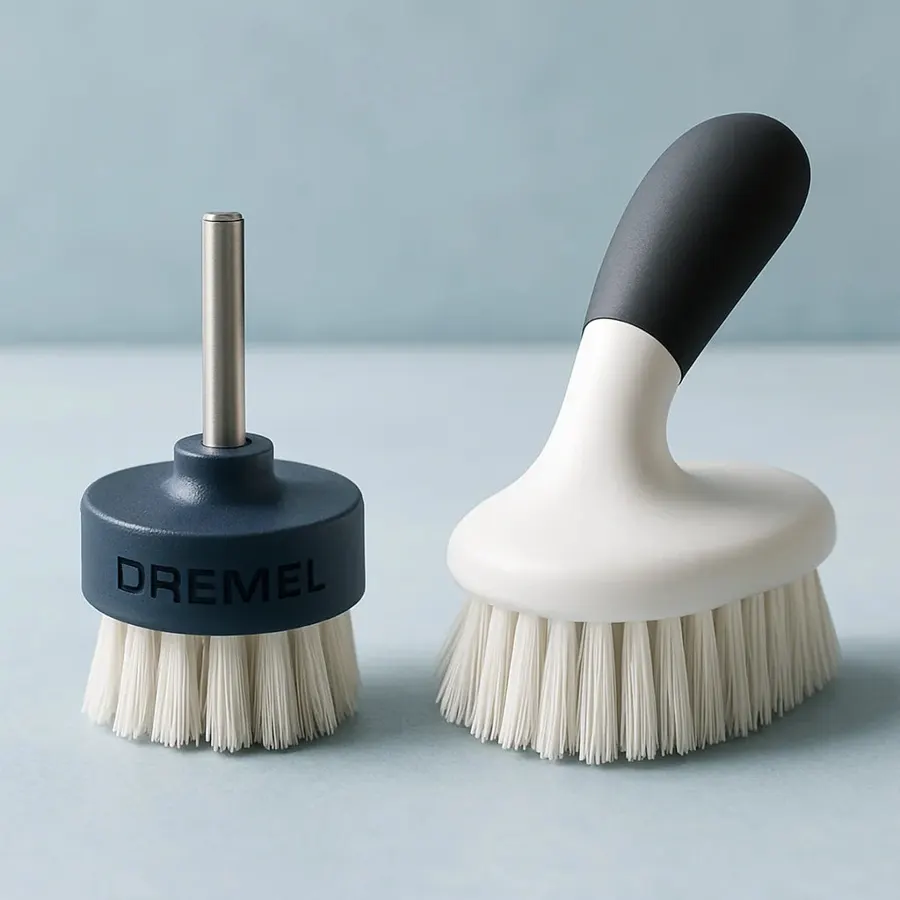 Electric spin scrubber and traditional scrub brush comparison for showers, grout, tile, floors, kitchens, and tough household messes