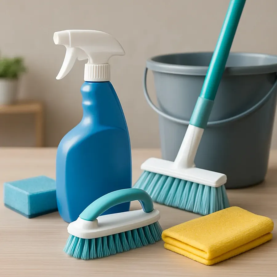 Essential home cleaning tools for floors, dusting, bathrooms, glass, and household storage