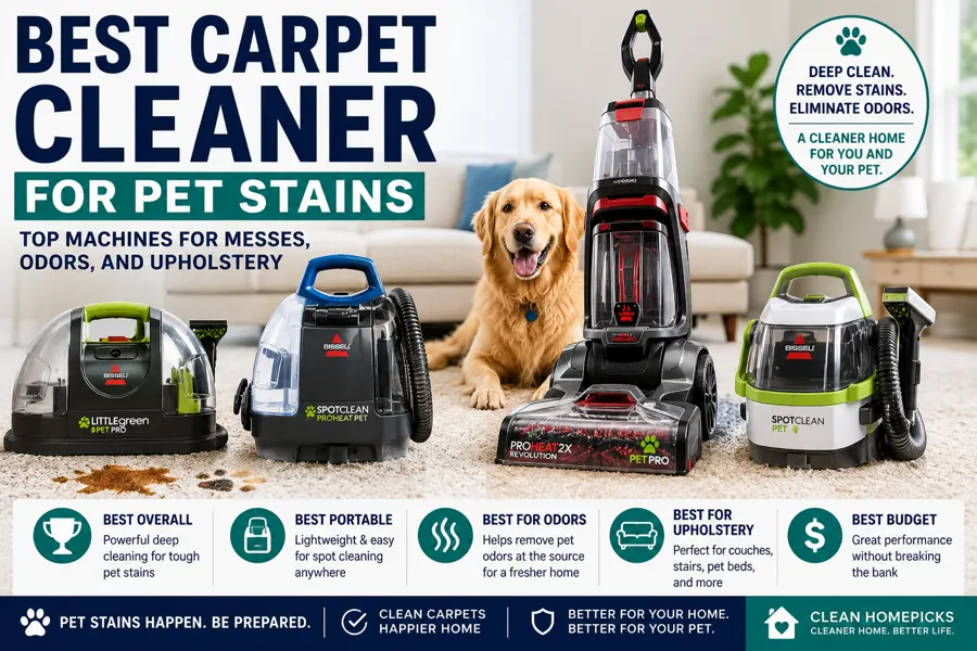 Best carpet cleaner for pet stains including portable carpet cleaners, upholstery cleaners, pet odor machines, spot cleaners, and budget carpet cleaners for home use.