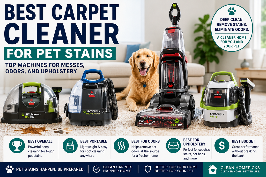 Best carpet cleaner for pet stains including portable carpet cleaners, upholstery cleaners, pet odor machines, spot cleaners, and budget carpet cleaners for home use.