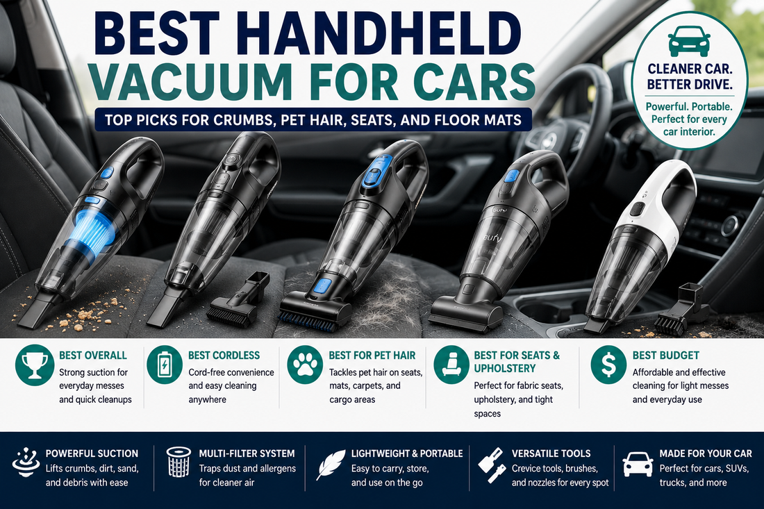 Best handheld vacuum for cars including cordless car vacuums, pet hair vacuums, upholstery vacuums, seat cleaning tools, floor mat vacuums, and budget car cleanup picks.