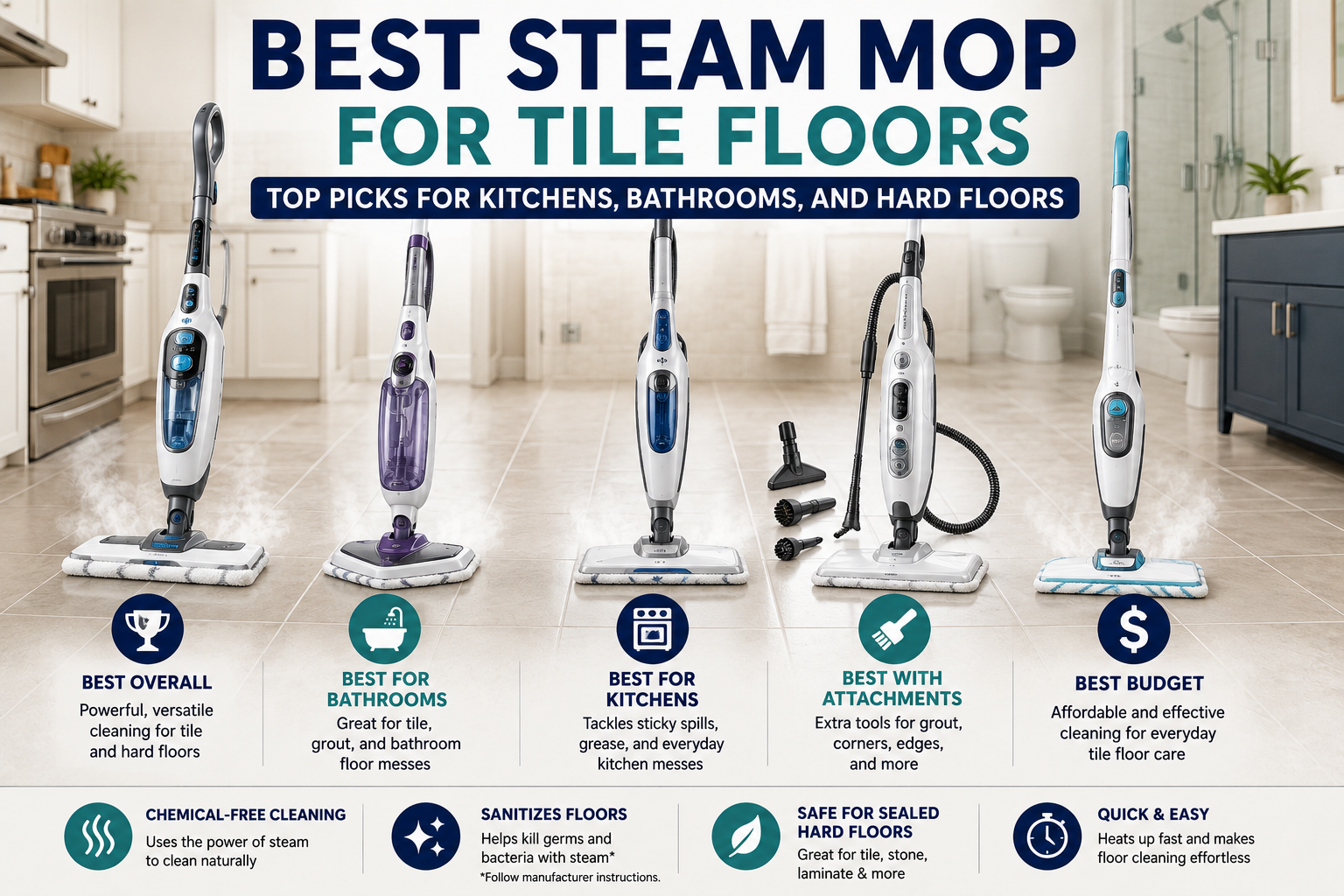 Best steam mop for tile floors including steam mops for bathrooms, kitchens, hard floors, attachments, grout areas, and budget-friendly home cleaning.