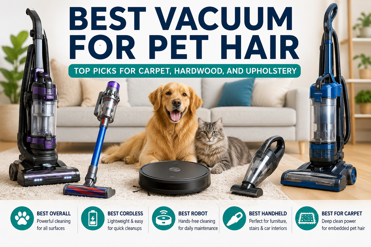 Best vacuum for pet hair including cordless vacuums, robot vacuums, handheld vacuums, carpet vacuums, hardwood floor vacuums, and upholstery cleaning tools.
