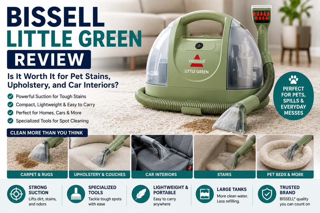 Bissell Little Green portable carpet cleaner review for pet stains, upholstery, couches, stairs, rugs, car interiors, and spot cleaning.
