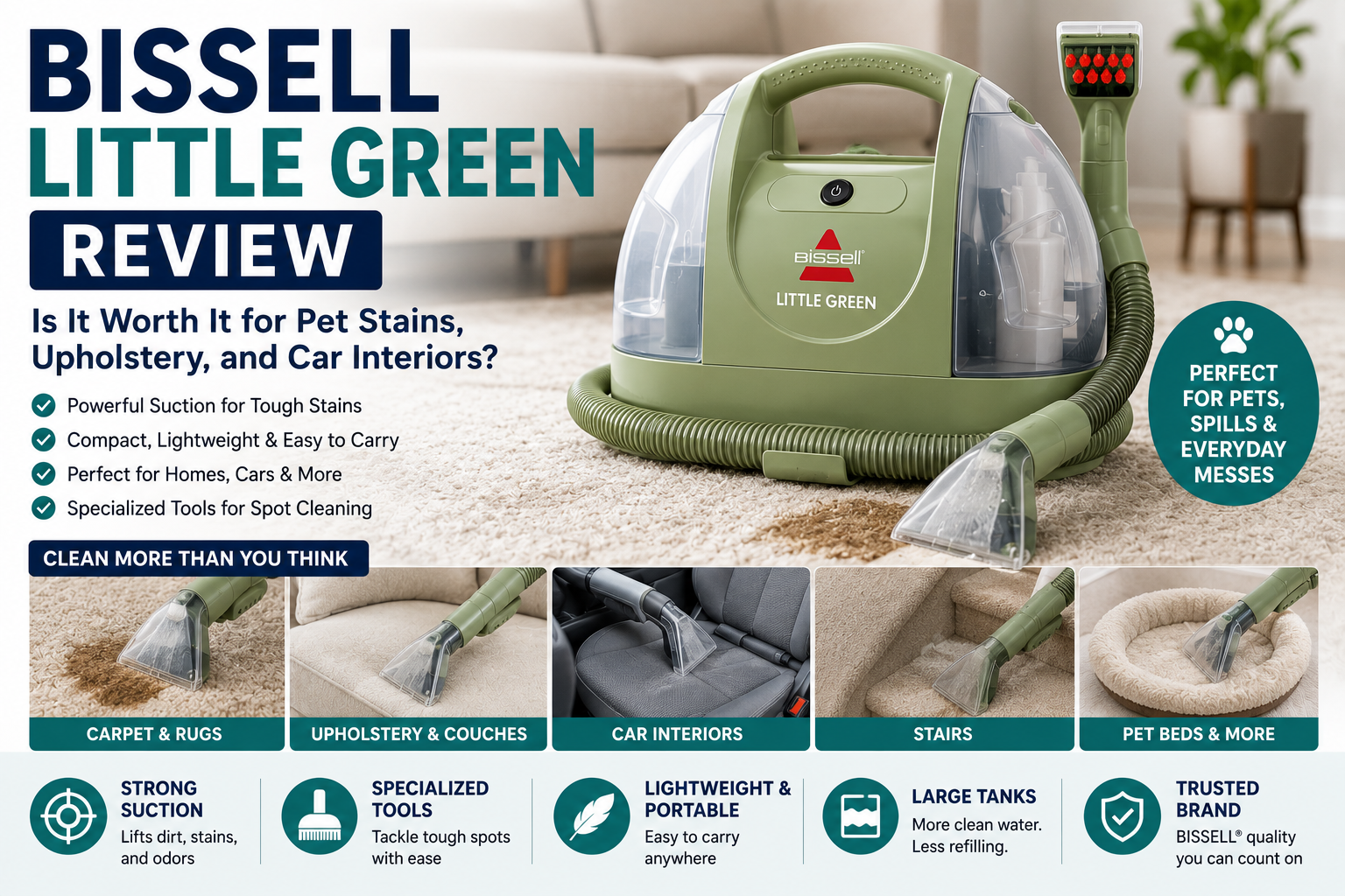 Bissell Little Green portable carpet cleaner review for pet stains, upholstery, couches, stairs, rugs, car interiors, and spot cleaning.