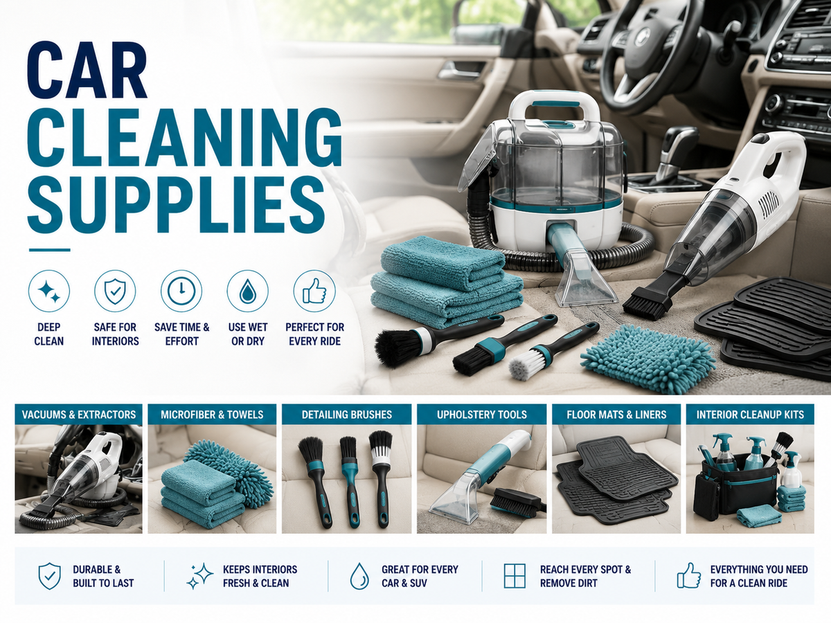 Car cleaning kit checklist with a handheld vacuum, microfiber cloths, detailing brushes, glass tools, fabric-care supplies, and a storage caddy.