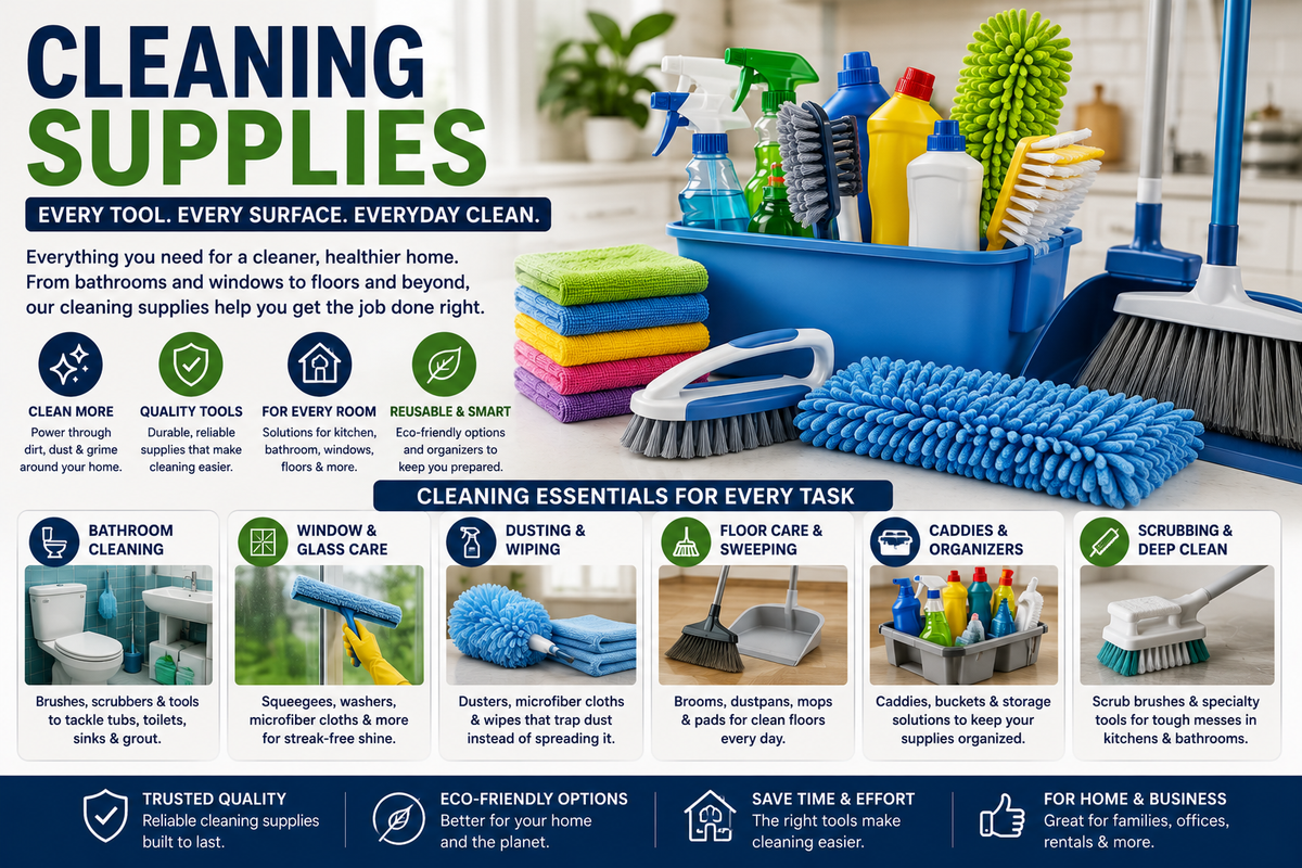 Cleaning supplies starter kit for a new home with cloths, brushes, floor tools, dusters, and organized household essentials