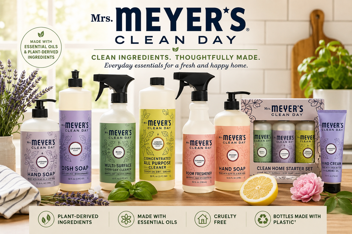 Mrs. Meyer’s Cleaning Products guide featuring Clean Day sprays, dish soap, hand soap, all-purpose cleaner, countertop spray, cleaning kits, refills, and seasonal scents for home cleaning.