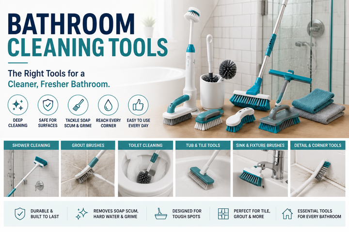 Bathroom cleaning tools collection featuring shower cleaning tools, grout brushes, toilet cleaning tools, scrub brushes, tile cleaning tools, tub scrubbers, sink brushes, and bathroom detail tools.