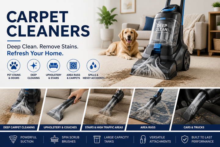 Carpet cleaners collection featuring home carpet cleaning machines for pet stains, deep cleaning, rugs, upholstery, spills, odors, and everyday household messes.