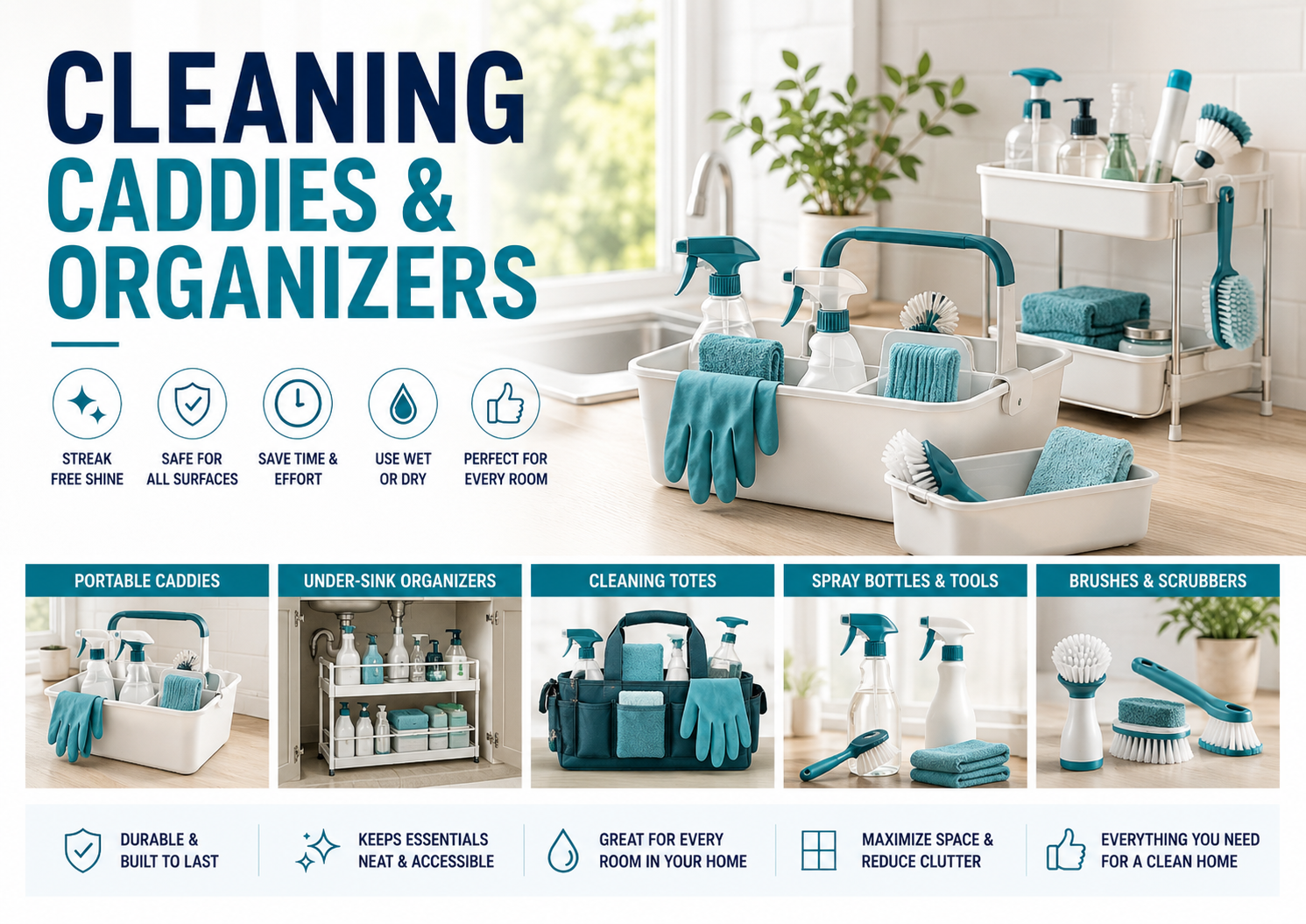 Cleaning caddies and organizers collection featuring portable cleaning caddies, cleaning totes, under-sink organizers, bathroom caddies, cleaning supply organizers, and home cleaning tool storage.