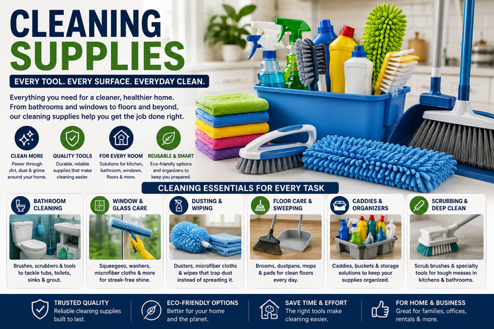 Cleaning supplies collection image featuring home cleaning supplies, bathroom cleaning tools, window cleaning supplies, microfiber cloths, scrub brushes, dusters, brooms, dustpans, cleaning caddies, and everyday household cleaning products.