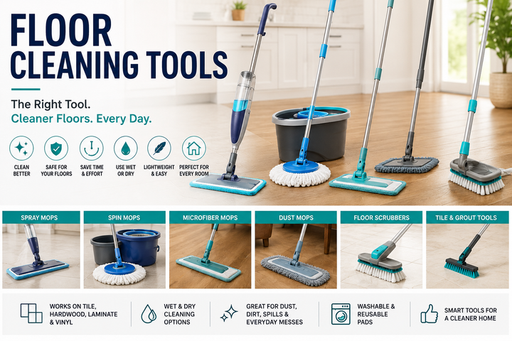 Floor cleaning tools collection featuring spray mops, spin mops, microfiber mops, floor scrubbers, dust mops, tile cleaning tools, hardwood floor tools, and laminate floor cleaning tools.