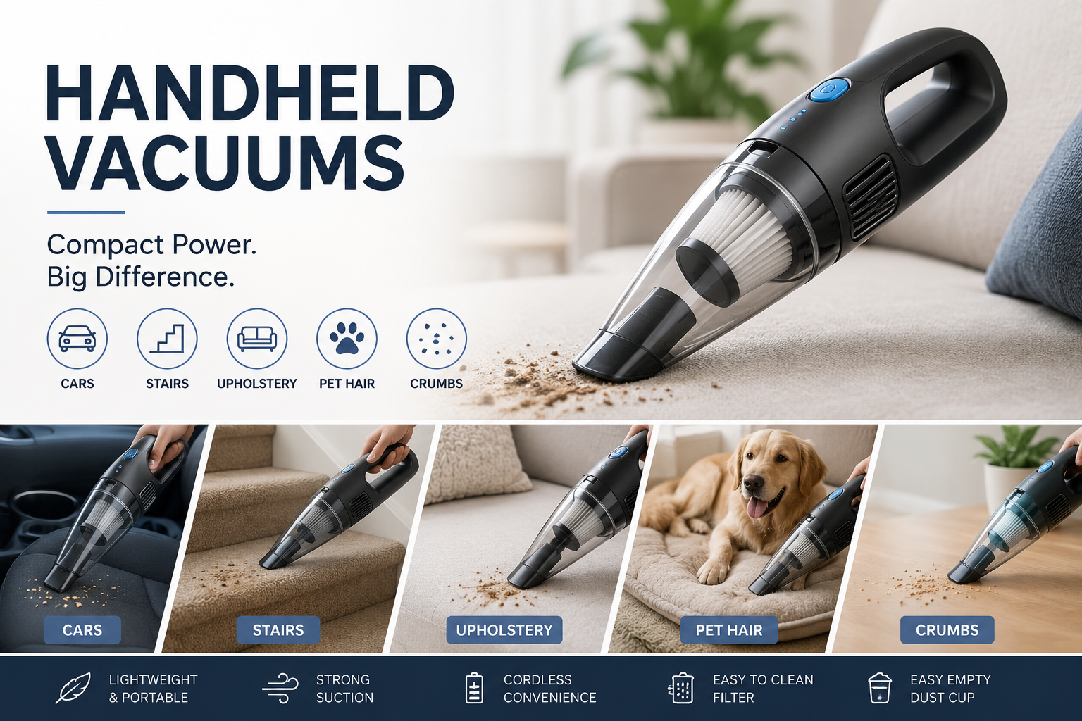 Handheld vacuums collection featuring compact vacuums for cars, stairs, upholstery, couches, pet hair, crumbs, small spaces, and quick cleanup.