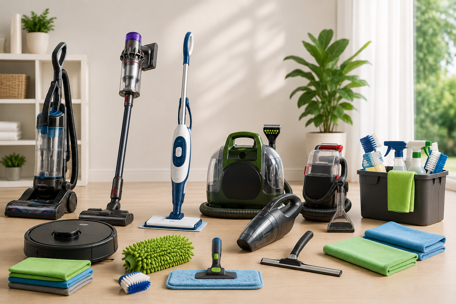 Home cleaning tools collection featuring vacuum cleaners, robot vacuums, cordless vacuums, handheld vacuums, carpet cleaners, steam mops, floor cleaning tools, bathroom tools, window cleaning tools, and cleaning caddies.