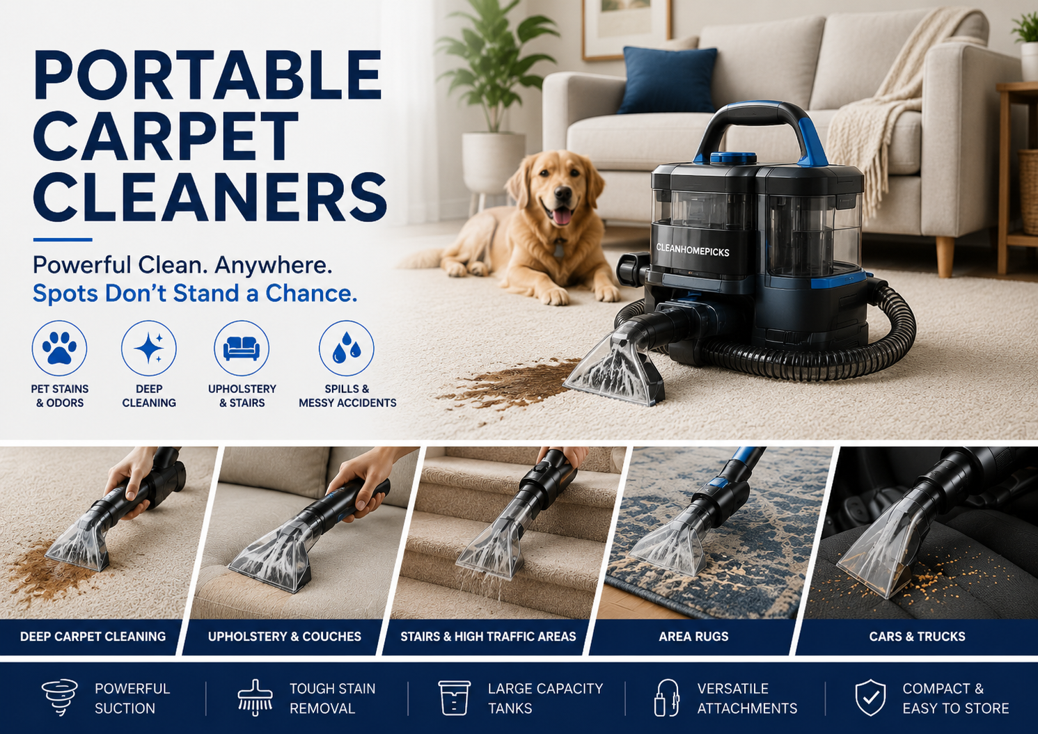 Portable carpet cleaners collection featuring compact spot cleaning machines for pet messes, upholstery, couches, stairs, car interiors, rugs, stains, spills, and odors.
