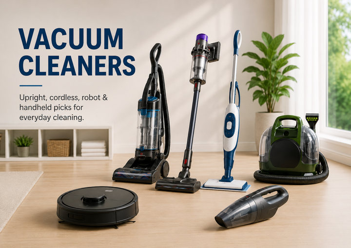 Vacuum cleaners collection featuring upright vacuums, cordless vacuums, robot vacuums, handheld vacuums, pet hair vacuums, carpet vacuums, and hardwood floor vacuums.