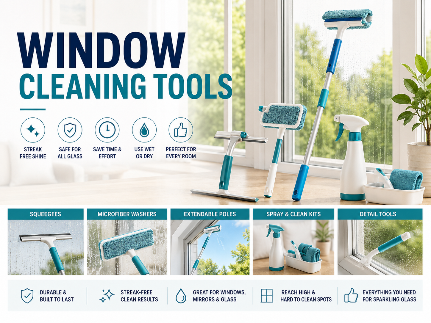 Window cleaning tools collection featuring squeegees, extension poles, indoor window tools, outdoor glass cleaning tools, microfiber window tools, mirror cleaners, and high window cleaning tools.