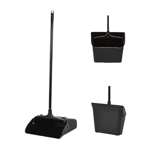 Primero Basics Pivoting Upright Dust Pan with Long Handle and Wheels, Large Capacity, Heavy Duty Commercial Dustpan for Indoor Outdoor, Standing Dust Pan for Home and Restaurant Cleaning, Black