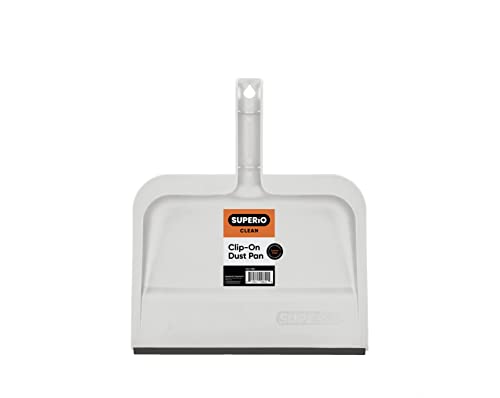 Superio Clip-On Dustpan with Rubber Lip - 10-inch Wide Durable Plastic Dust Pan with Comfort Grip Handle, White, 1-Pack