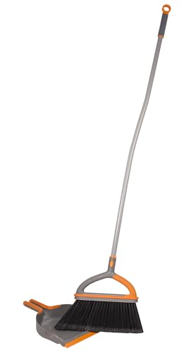 Casabella Ergo Broom & Dustpan Set Angled Broom with Replaceable Bristle Head & Hang Loop, 54-Inch, Gray