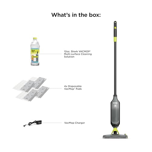 Shark VACMOP Cordless Hard Floor Cleaner, Vacuum and Spray Mop, Powerful Suction, Lightweight, LED Headlights, Includes 4 Disposable Pads, 12oz Multi-Surface Cleaning Solution, Gray, VM252