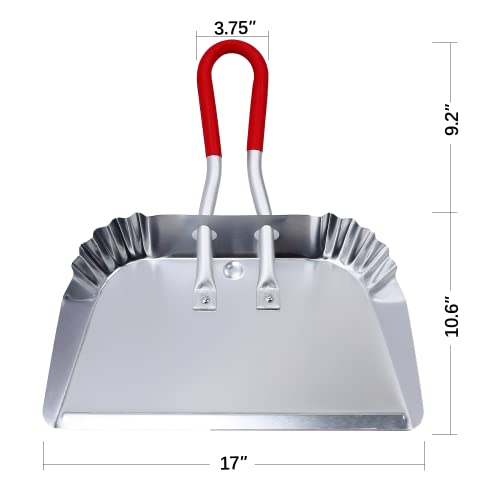 TOP DOG Metal Dustpan 17”, Aluminum Dust Pans Heavy Duty Does not Chip or Bend Sheet Metal Edge Flat Against Floor for Small Item Sweeping Rubber Coated Easy to Grasp Handle (1pcs)