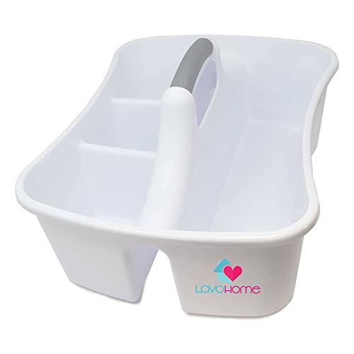 LavoHome Bath Caddie White - Totes with Divided Compartments and Handles for Organizing, Storing & Carrying Cleaning Supplies and Bathroom Accessories (Large Cleaning Caddy)