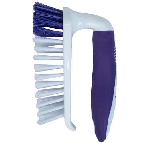 Fabuloso Cleaning Brush with Handle Compact Handheld Household Scrub Brush Kitchen Bathroom Baseboards Tile and Floors Firm Bristles Indoor Surface Cleaning White Purple 5.5 Inch Everyday Cleaning