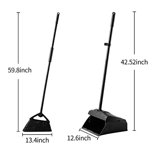 Eyliden Commercial Angle Broom and Dustpan Combo, with Long Handle and Lid, Lobby Dust Pan Sweep Set for Outdoor Garages Courtyard Sidewalks Decks Indoor Home Kitchen Room Office (Black Broom+Dustpan)