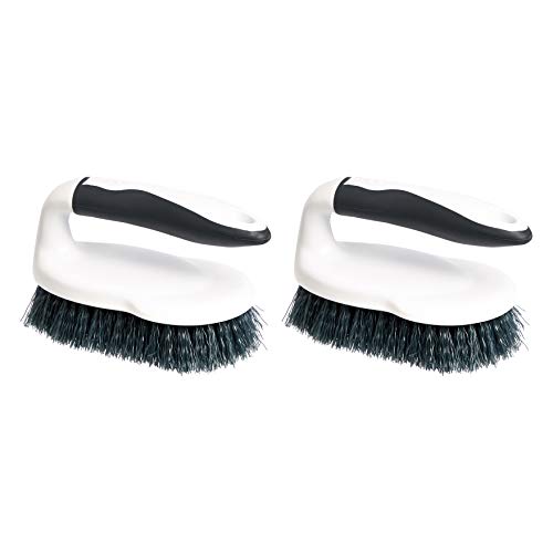 Amazon Basics All Purpose Rectangular Scrub Brush, Hard Bristle, Stiff Bristles, Sturdy, Ergonomic Long Handle, Durable, 2-Pack, White & Black
