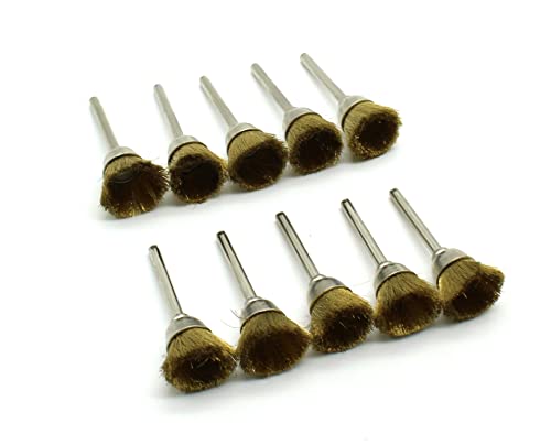 TMAX 10 pc Brass Bristle 1/2 Inch Cup Wire Brush Wheel with 1/8 Inch Shank for Dremel and Other Rotary Tools on Rust Removal, Corrosion and Scrub Surfaces