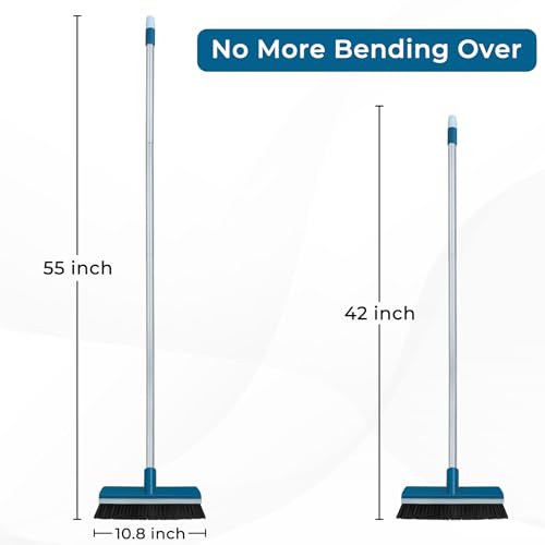 Stiff Bristle Deck Brushes for Scrubbing Heavy Duty with Rubber Scrape Squeegee, 55” Long Handle Scrub Brush for Bathroom Shower Carpet Outdoor Floor Cleaning (Head Size: 10.8”)