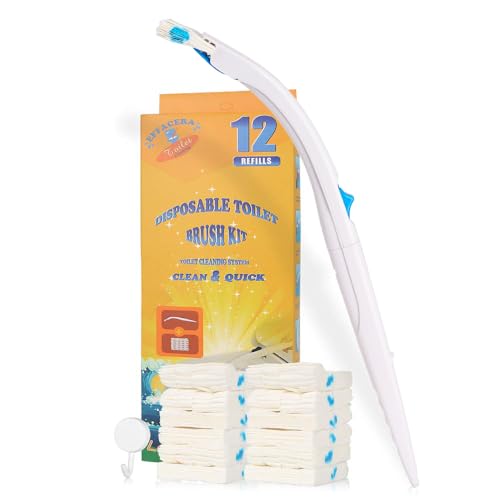 Disposable Toilet Bowl Brush Holder System, Fresh Refills for Bathroom Scrubber, 1 Toilet Brush+1 Holder+1 Cleaning Glove+12 Refills