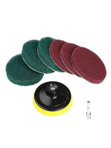 4 Inch Drill Powered Brush Tile Scrubber Scouring Pads,6 Scrubbing Pads with 4 Inch Pad Holder,1Quick Change Hex Shaft for Kitchen Bathroom Grout Tub Grill Cleans Large Flat Areas