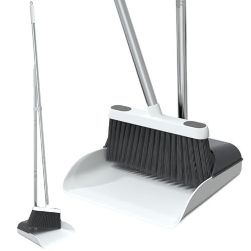 Stand Up Dustpan and Broom Set 50” Long Handle Broom with Dust Pan, 20° Angled for Ergonomic Home Office Indoor Sweeping