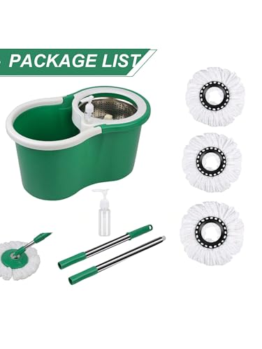 Spin Mop and Bucket with Wringer Set, 360° Spinning Mop Bucket System with 3 Microfiber Mop Replacement Heads, Adjustable Handle for Floor Cleaning (Green)