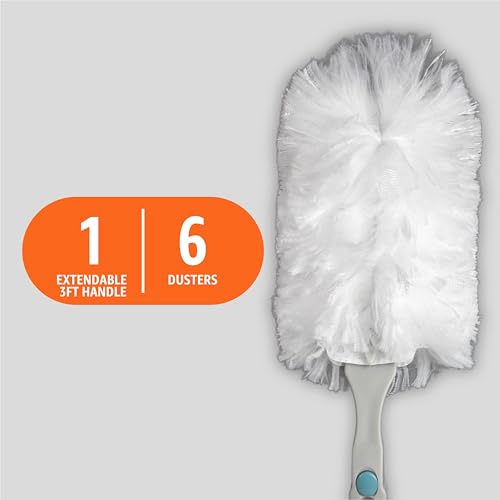Amazon Basics 360° Heavy Duty Duster Kit with Extendable Handle and 6 Microfiber Plumes Refills for Pet Hair