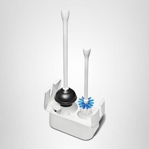 OXO Good Grips Toilet Brush & Plunger Set | Two Bathroom Essentials in one Space-Saving Canister | Toilet Bowl Cleaner and Plunger with Holder, Perfect for Small bathrooms