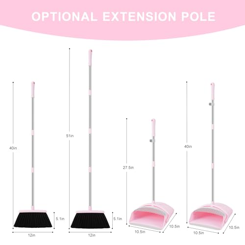 Pink Broom and Dustpan Set for Home, 52-in Long Handle Broom with Dustpan Combo with Dustpan Teeth Easy to Scrape Off Pet Hair, Indoor&Outdoor Sweeping（Pink）