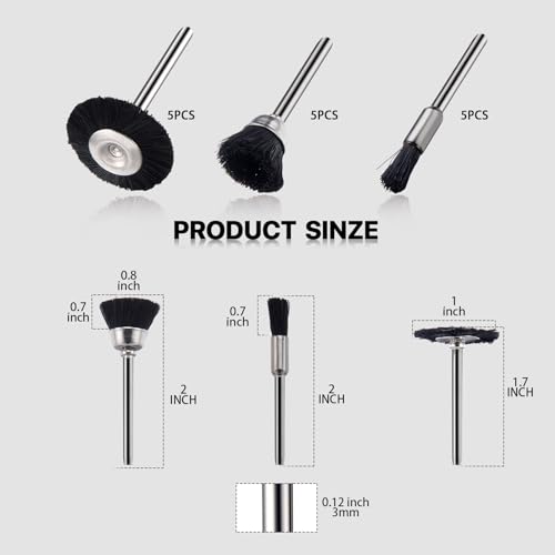 EASYIKI 15 Pieces Black Hair Polishing Brushes, Mini Brush Wheel, Polishing Wheel Kits for Rotary Tools (1/8 Inch Shank)