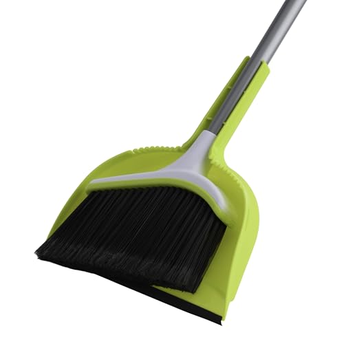 Casabella Basics 2-Piece Angled Broom and Dustpan Set, 44" Angled Broom with Long Handle and Dustpan, Silver/Green