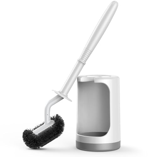 HAMITOR Toilet Bowl Brush Holder Set: Curved Design with Holder for Deep Cleaning Under Rim - Compact Hidden Scrubber for Small Space - Modern RV Bathroom Accessories - White 1 Pack