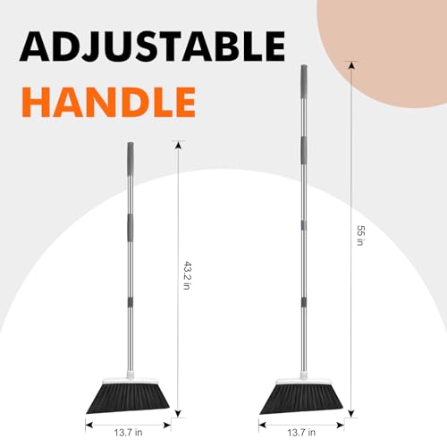 Heavy Duty Broom, 55 Inch Long Handle Outdoor Large Angle Brooms, Commercial Broom for Sweeping Indoor, for Home Garage Kitchen Office Courtyard Lobby Patio Lawn Concrete(Grey&White)