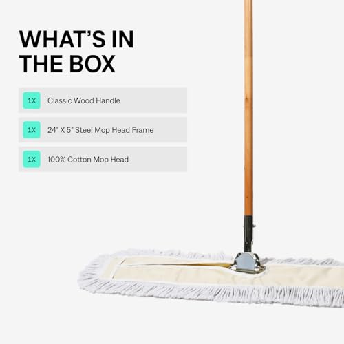Commercial Dust Mop & Floor Sweeper, 24 in. Dust Mop for Hardwood Floors, Cotton Mop Head, Wooden Broom Handle, Industrial Dry Mop for Floor Cleaning & Janitorial Supplies