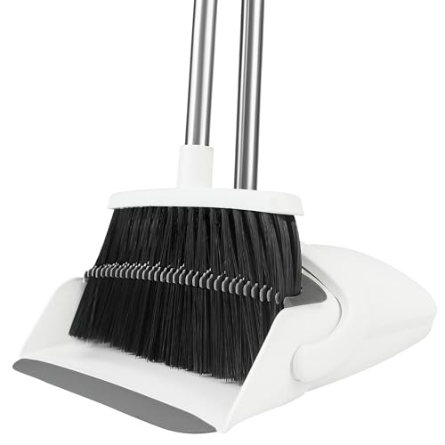 BSKLIN Broom and Dustpan Set for Home, 52" Long Handle Standing Broom Set with Dustpan Self-Cleaning Teeth for Hair Removal Heavy Duty Indoor Outdoor Sweeping Kit for Kitchen Garage (White)