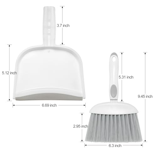 NACENA Small Dust Pan and Brush Set, Mini Broom and Dustpan Set Small Hand Broom and Brush Combo Dust Pan with Teeth for Home Cleaning Drawers Desktop Sofas and Outdoor, White & Gray