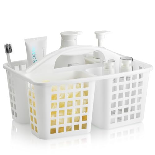 ALINK Plastic Shower Caddy Basket with Compartments, Portable Divided Cleaning Supply Storage Organizer with Handle for College Dorm Bathroom - White