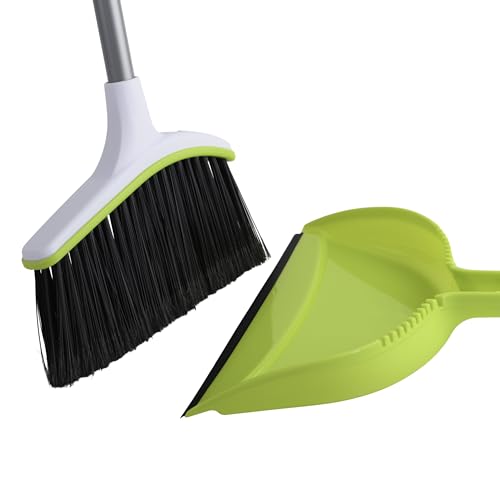 Casabella Basics 2-Piece Angled Broom and Dustpan Set, 44" Angled Broom with Long Handle and Dustpan, Silver/Green