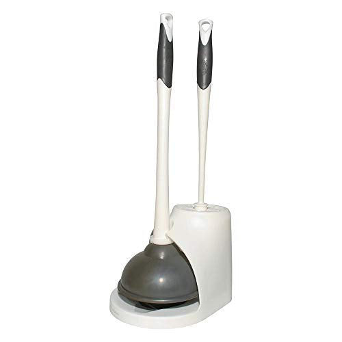 Clorox Toilet Plunger and Brush Bowl Set with Holder Caddy Storage for Cleaning Bathroom and Unclogging Toilets, White and Gray